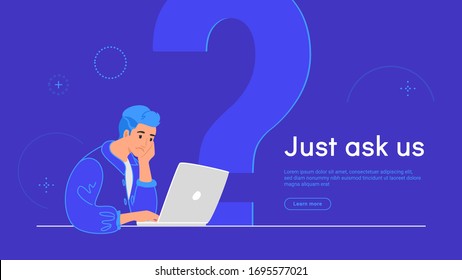 Upset and bored teenager sitting with laptop and big question symbol behind. Flat vector illustration of student needs a prfessional help or advice on community. 