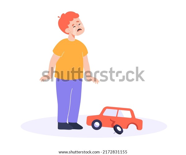 Upset boy crying over broken\
car toy flat vector illustration. Sad child standing and weeping.\
Emotion, weep, expression, disappointment, feeling, frustration\
concept