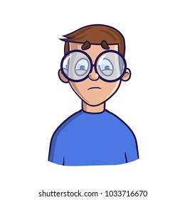 Upset boy with glasses looking puzzled. Isolated flat illustration on white backgroud, cartoon vector image.