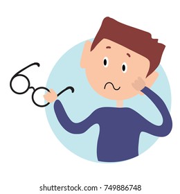 Niño molesto sosteniendo gafas y con aspecto desconcertado. Ilustración plana aislada en fondo blanco. Imagen vectorial de dibujos animados.