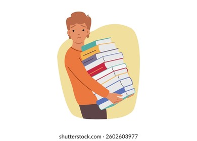 Upset boy holding stack of books assigned by teacher from primary school, for concept of overload in education. Sad child feels depressed due to having to read books or textbooks to prepare for exam
