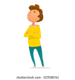 upset boy, kid, pride, pupil, cartoon character, vector illustration