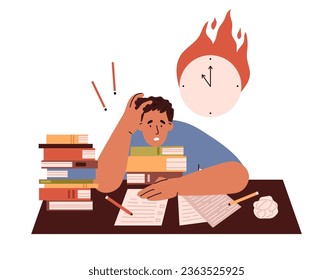 Upset boy with many books preparing for exam flat style, vector illustration isolated on white background. Burning clock, exam stress and emotional character, decorative design element