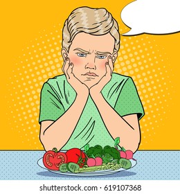 Upset Boy with Plate of Fresh Vegetables. Healthy Eating. Pop Art retro vector illustration