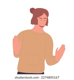 Upset boy shows warning rejection. Teenager saying no, negative stop gesture vector illustration