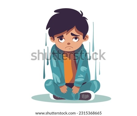 An upset boy sits on the floor. Flat vector illustration.