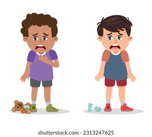 Upset boys apologizing. Good manners children's cartoon vector illustration.