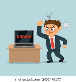 Upset business looking at laptop screen with error message.
Computer system failure during workflow. 
Flat, Vector, Illustration, Cartoon, EPS10. 