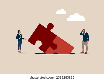 Upset business people near the pit with puzzle. Puzzle fell into a pit.
Teamwork unsuccessful. Unsuccessful of working together, cooperation, partnership. Vector illustration in flat style. 