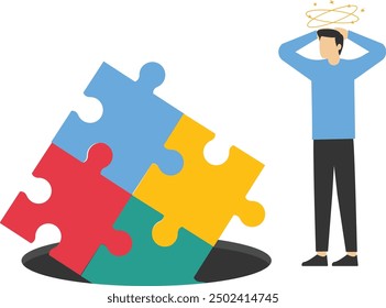 Upset business people near the pit with puzzle. Puzzle fell into a pit. Teamwork unsuccessful. Unsuccessful of working together, cooperation, partnership. Vector illustration in flat style.

