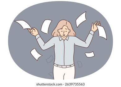 Upset business woman throwing papers up during stressed about tax increase or bankruptcy notice. Girl throws away business documentation after problems in career of office worker or manager