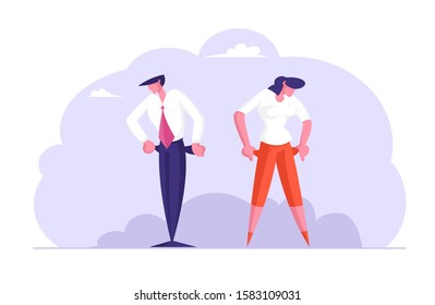 Upset Businessman and Businesswoman with No Money, Bankrupt. Poor Man and Woman with Empty Pockets. Frustrated, Disappointed Businesspeople Characters Financial Crisis. Flat Vector Illustration
