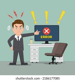 Upset businessman at desk looking at computer error, Businessman Upset At Work Concept , illustrator vector cartoon drawing