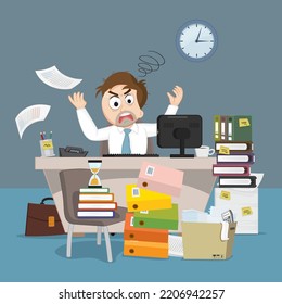 Upset businessman at desk with too much work in office, Businessman Upset At Work Concept , illustrator vector cartoon drawing