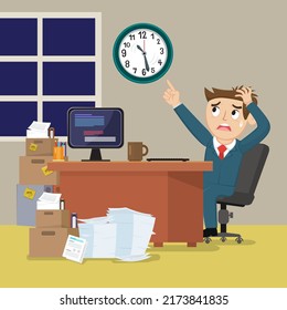 Upset businessman at desk poiting at clock overwork and overtime work, illustrator vector cartoon drawing