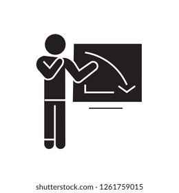 Upset businessman, graph down black vector concept icon. Upset businessman, graph down flat illustration, sign