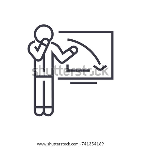 upset businessman, graph down linear icon, sign, symbol, vector on isolated background