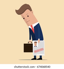 Upset businessman hold rejected paper document. Vector illustration