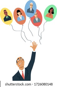 Upset businessman letting go balloons with employees' faces on them as a metaphor for remote work or losing talents, EPS 8 vector illustration	