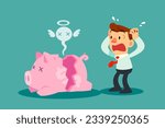 Upset businessman looking at his empty broken piggy bank in despair. Financial crisis and struggle concept.