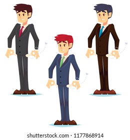 Upset businessman with no money, bankrupt. Poor man. Empty pockets . Frustrated, disappointed business man. Cartoon character with debt bill. Stock vector illustration flat