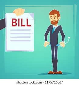 Upset businessman with no money, bankrupt.Poor man. Empty pockets . Frustrated, disappointed business man. Cartoon character with debt bill. Stock vector illustration in flat design. Business concept.