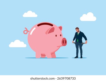 Upset businessman showing empty pockets with no money with piggy bank. Broke businessman. Loan repayment, installment plan. Piggy bank no money savings. Modern vector illustration in flat style