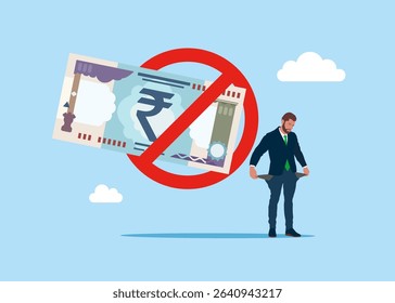 Upset businessman showing empty pockets with no money. Broke businessman. No money Rupee in pocket. Prohibition money label warning and forbidden. Flat vector illustration