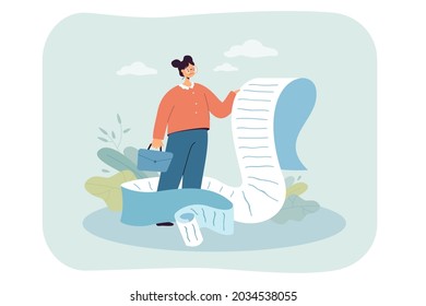 Upset businesswoman holding long checklist or payment document. Flat vector illustration. Cartoon girl in suit scrolling giant paper bill, shopping or work list. Management, task, time concept