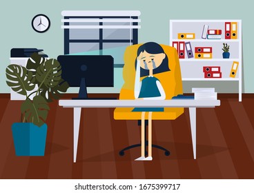 Upset businesswoman sitting on office chair at a computer desk. She is he cries and wipes his tears with his hands. Front view. Color vector cartoon illustration
