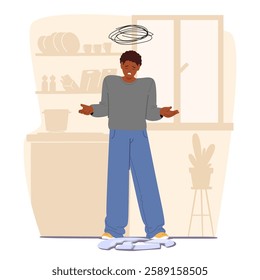 Upset careless unfortunate teenage guy cartoon character feeling unhappy and scared due to break ceramic dish bowl while cooking food on kitchen vector illustration. People psychological troubles