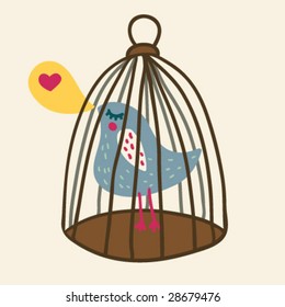 upset cartoon bird in cage