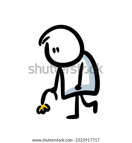 Upset cartoon character going back from a failed date holding wilted flower. Sad man walking vector illustration.