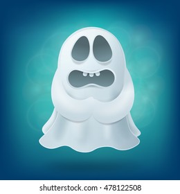 upset cartoon ghost on blue background. Halloween party design element vector illustration