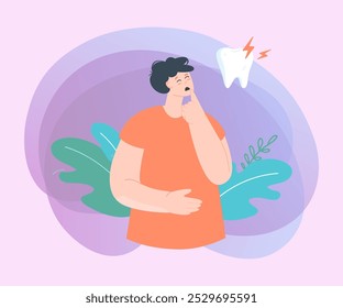 Upset cartoon man suffering from toothache. Patient with tooth pain flat vector illustration. Dentistry, health, treatment concept for banner, website design or landing web page
