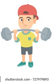 Upset caucasian child lifting a heavy weight barbell. Little sad boy in sportswear training with barbell. Boy trying to lift a barbell. Vector sketch cartoon illustration isolated on white background.
