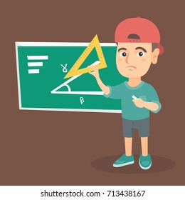 Upset caucasian pupil using a ruler on blackboard. Pupil standing in front of blackboard and solving mathematical problem with a triangular ruler. Vector sketch cartoon illustration. Square layout.