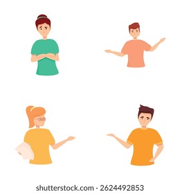 Upset character icons set cartoon vector. People does not know what to do. Making decision