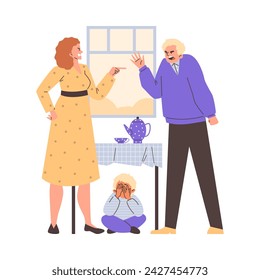 Upset child boy hides under table while parents argue flat style, vector illustration isolated on white background. Decorative design element, family relations, conflict