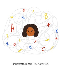 Upset child with invisible disease dyslexia. Concept of dyslexic girl in the chaos of letters in cartoon style