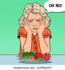 Upset Child with Plate of Fresh Vegetables. Healthy Eating. Pop Art retro vector illustration