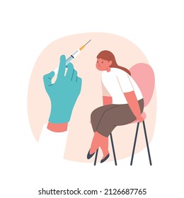 Upset Child Sitting on Chair in Clinic Cabinet Afraid of Vaccination, Little Kid Seasonal Disease Prevention Concept. Girl Character Look on Syringe with Needle, Cartoon People Vector Illustration