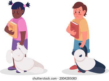 Upset children semi flat color vector character set. Standing figure. Full body people on white. Anxiety in kids isolated modern cartoon style illustration for graphic design and animation collection