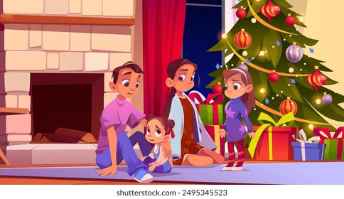 Upset children sitting on floor near fireplace with wood logs in living room interior with decorated Christmas tree and gift boxes. Cartoon vector illustration of saddened and supporting kids.