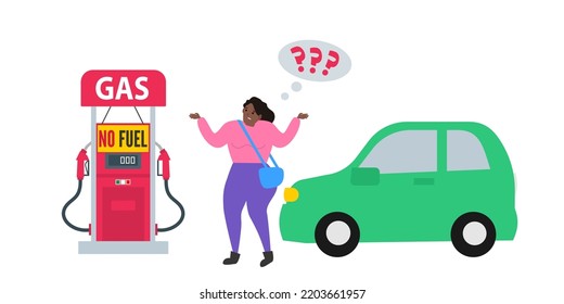 Upset Confused Driver African American Woman And Her Car Near The Gas Station With No Fuel Sign Crisis Vector Illustration