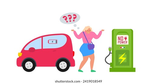 molesta mujer conductora confundida y su auto eléctrico cerca de la estación de carga sin señal de energía ilustración vectorial de crisis