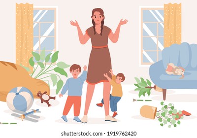 Upset and confused mother with two crying naughty little boys vector flat illustration. Mom standing in messy living room and trying to calm down her sons. Parenting, motherhood concept.