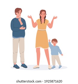 Upset and confused parents and crying little boy vector flat illustration isolated on white background. Child naughty, mom and dad do not know how to calm him down. Parenting concept.