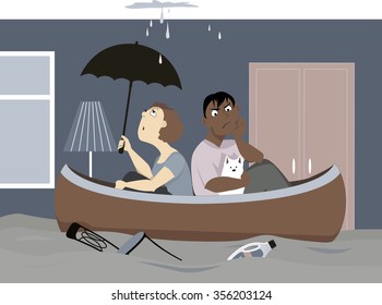 Upset couple with a dog sitting in a canoe in their flooded living room, under a leaking ceiling,  EPS 8 vector illustration, no transparencies 