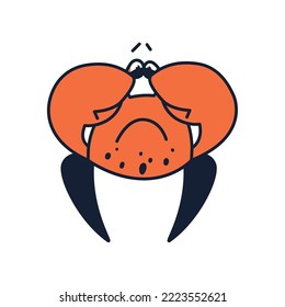 An upset crab wipes its tears with its claws. Brand character for product presentation. Ingredient for the culinary menu. Seafood delicacy. Flat cartoon graphic style illustration